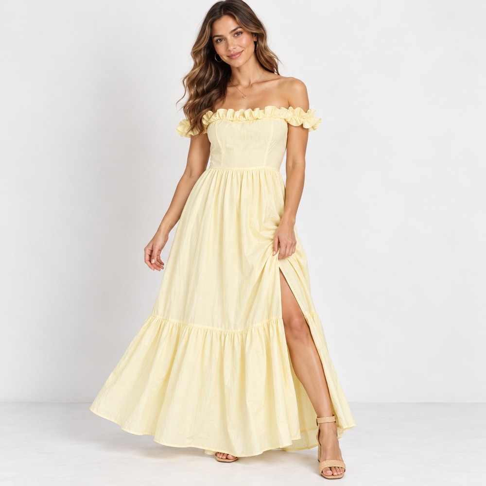 Abercrombie & Fitch Maxi Dress Womens L Yellow Ruffle Tiered Off Shoulder Slit